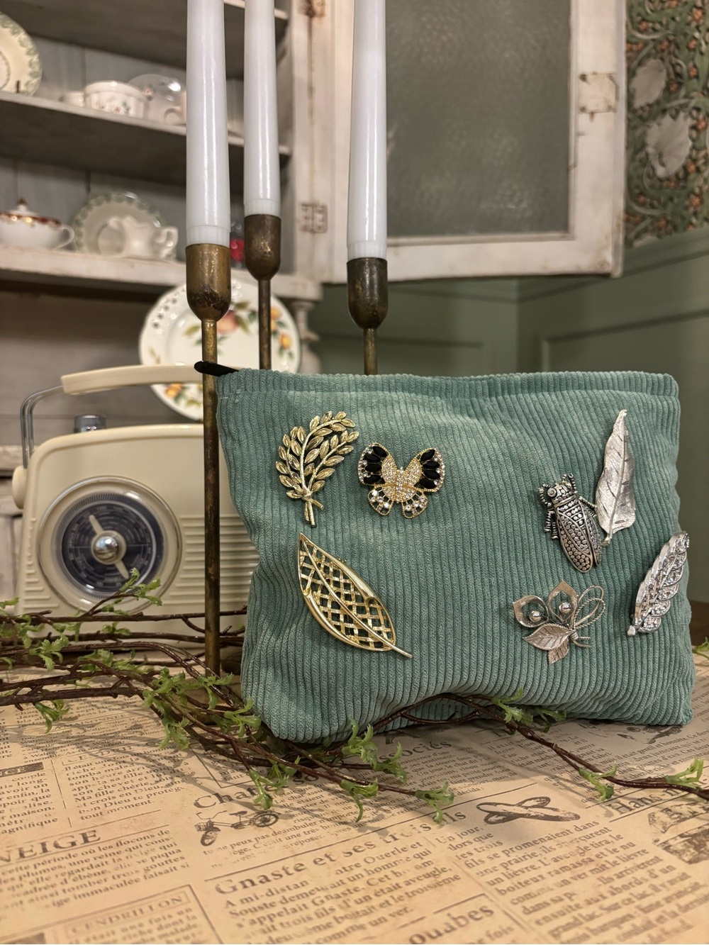 Corduroy Pouch with Gold & Silver Brooch Accents - Sage Green - Picture 2 of 4